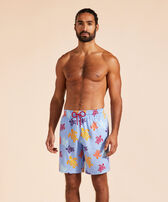 Men Long Stretch Swim Trunks Tortues Multicolores Flax flower front worn view