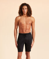 Unisex Linen Bermuda Shorts Solid Black front worn view