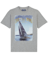 Men Cotton T-Shirt Blue Sailing Boat Heather grey front view