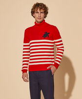 Men Striped Cotton and Cashmere Turtleneck Pullover Jacquard Tortue Red front worn view