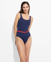 Solid Badeanzug für Damen – Vilebrequin x Ines de la Fressange Marineblau Vorderseite getragene Ansicht