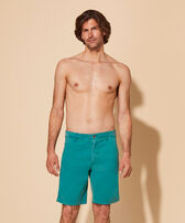 Men Tencel Cotton Bermuda Shorts Solid Emerald front worn view