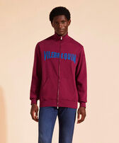 Men Full Zip Sweatshirt Embroidered Velvet Logo Crimson purple front worn view