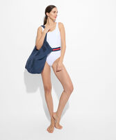 Women Organic Cotton Beach Bag- Vilebrequin x Ines de la Fressange Navy front worn view