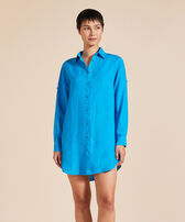 Women Linen Shirt Dress Solid Hawaii blue front worn view
