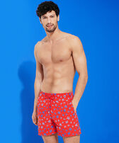 Men Embroidered Swim Trunks Micro Ronde Des Tortues - Limited Edition Poppy red front worn view