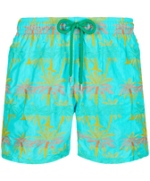 Men Swim Trunks Embroidered 1990 Striped Palms - Limited Edition Lazuli blue front view