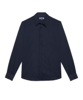 Leichtes Solid Unisex-Hemd aus Baumwollvoile Marineblau Frauen Vorderansicht getragen