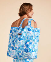 Tahiti Flowers Unisex-Strandtasche aus Leinen Weiss Vorderseite getragene Ansicht