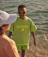 Kurzärmeliger Kapuzenpullover mit aufgesticktem Logo für Jungen Lemongrass Vorderseite getragene Ansicht