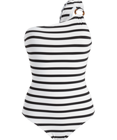 Asymmetrischer Rayures Badeanzug für Damen Black/white Vorderansicht
