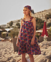 Noumea Sea Shells Kleid aus Baumwollvoile für Mädchen Marineblau Vorderseite getragene Ansicht