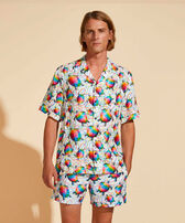 Men Linen Bowling Shirt Tortugas - Vilebrequin x Okuda San Miguel Multicolor front worn view
