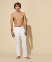 Men Straight Linen Pants Solid White front worn view