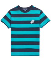 Boys Cotton Round-Neckline T-shirt Navy Stripes Tropezian green front view