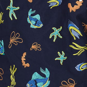 Men Swim Trunks Embroidered Naive Fish - Limited Edition Navy print