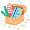 A safe box containing a credit card and plants from the sea