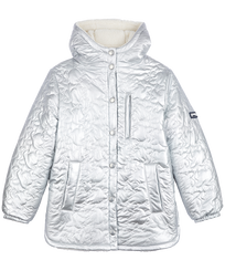 Girls Long Hooded Jacket Quilted Turtles Silver front view