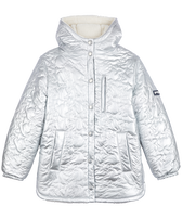 Girls Long Hooded Jacket Quilted Turtles Silver front view