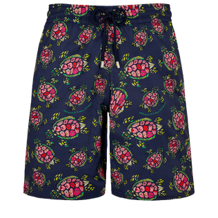 Men Stretch Long Swim Trunks Provencal Turtles Navy front view