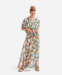 Tunique longue femme en voile de coton Africain - Vilebrequin x JCC+ - Edition limitée Blanc vue portée de face