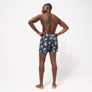 Men Stretch Swim Trunks Tortues Rainbow Multicolor - Vilebrequin x Kenny Scharf Navy back worn view