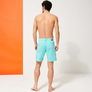 Men 5-Pocket Satin Cotton Bermuda Shorts Lagoon back worn view