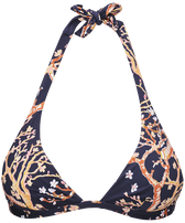 Top de bikini anudado alrededor del cuello con estampado Sweet Blossom para mujer Azul marino vista frontal