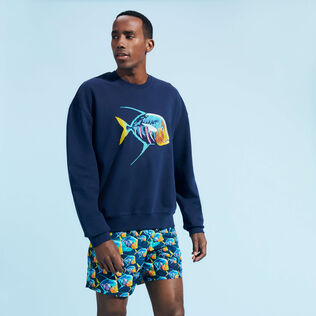 Men Organic Cotton Sweatshirt Embroidered Piranhas Navy front worn view