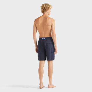 Men Linen Bermuda Shorts Cargo Pockets Navy back worn view