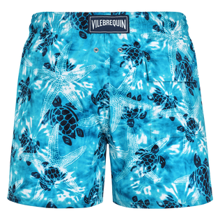 Men Stretch Short Swim Shorts Starlettes and Turtles Tie Dye Azure back view