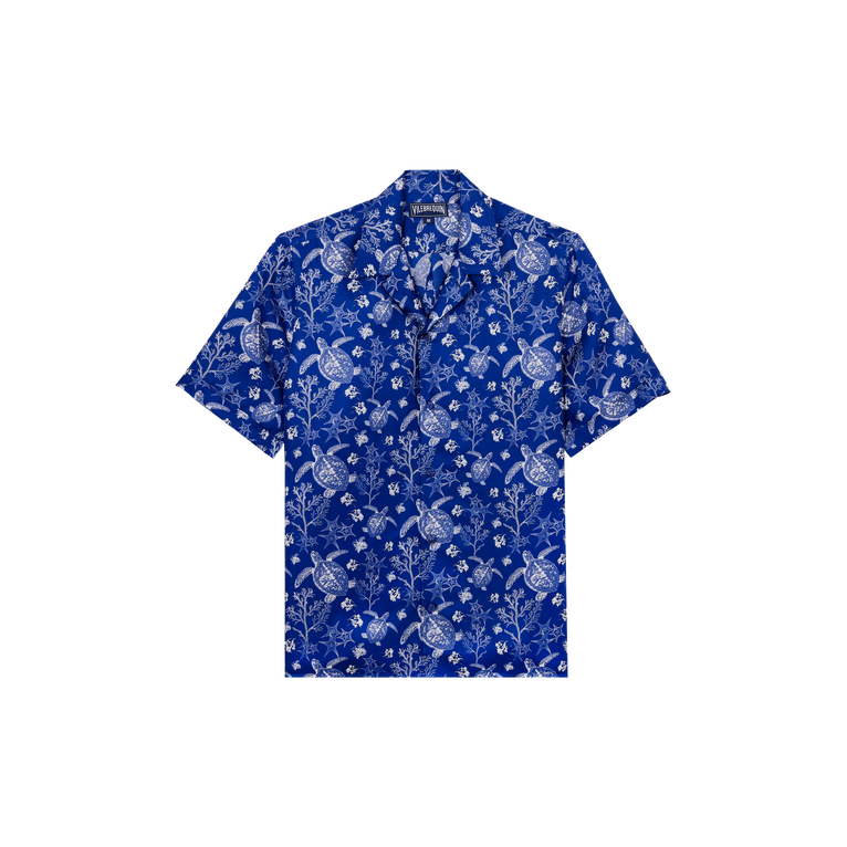 Vilebrequin Men Silk Bowling Shirt X-ray Turtles - Charli - Blue - Size S