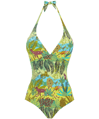 Women Halter One-Piece Swimsuit Jungle Rousseau Ginger front view