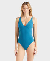 Costume intero donna all'americana tinta unita Peacock vista frontale indossata