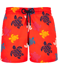 Men Stretch Swim Shorts Ronde des Tortues Multicolores Poppy red front view