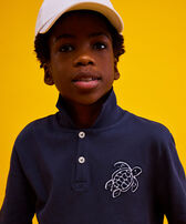 Boys Cotton Polo Turtle Patch Navy front worn view