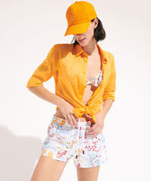 Unisex Cotton Voile Lightweight Shirt Solid Carrot women front worn view