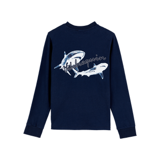 Camiseta en algodón orgánico con estampado Requins en la espalda para niño Azul marino vista trasera