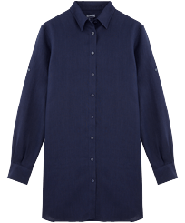 Robe Chemise femme en Lin unie Bleu marine vue de face
