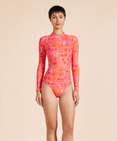 Camiseta de baño de una sola pieza con manga larga para mujer New Leopard Albaricoque vista frontal desgastada