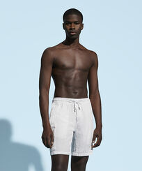 Men Linen Bermuda Shorts Cargo Pockets White front worn view