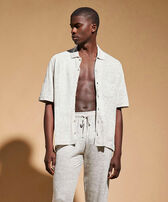 Unisex Linen Bowling Shirt Solid Lihght gray heather front worn view