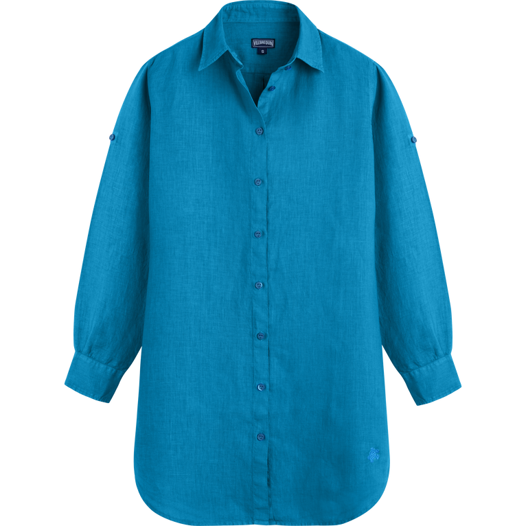 Chemisier Donna In Lino Tinta Unita - Abito A Camicia - Fragance - Blu