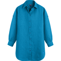 Women Linen Shirt Dress Solid Hawaii blue front view