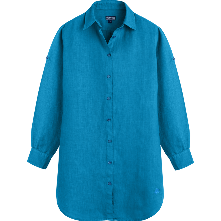 Vestido Camisero De Lino De Color Liso Para Mujer - Vestido Camisero - Fragance - Azul