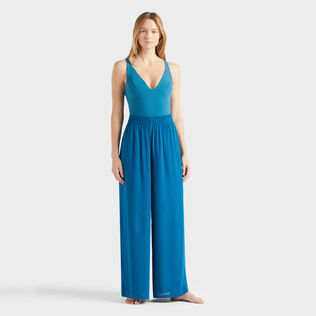 Pantalones de viscosa de pernera ancha para mujer Peacock vista frontal desgastada