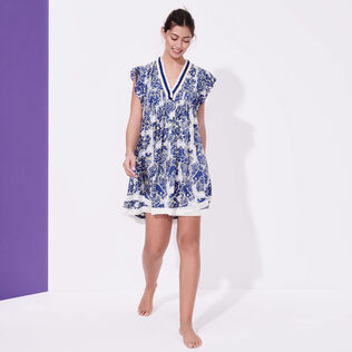 Women Mini Dress Hidden Fishes - Vilebrequin x Poupette St Barth Purple blue front worn view