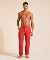 Men Linen Pants Solid Brick front worn view