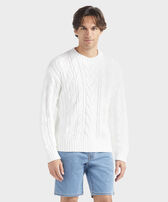 Herren Zopfmuster-Baumwollpullover Weiss Vorderseite getragene Ansicht