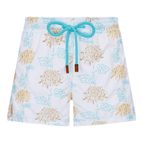 Pantalón corto de baño iridiscente bordado con estampado Flowers of Joy para mujer Blanco vista frontal